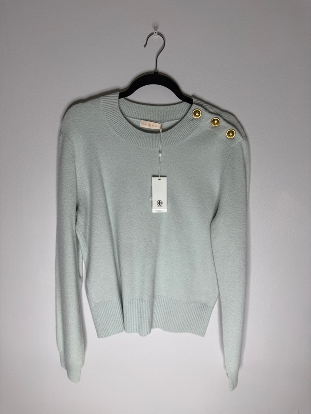 Tory Burch Pale Mint Crewneck Sweater with Gold Logo Buttons Size XL NEW!
